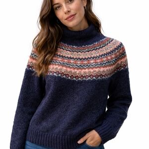 L.L. Bean Navy and Multicolor Funnelneck Sweater‎ SIZE MEDIUM